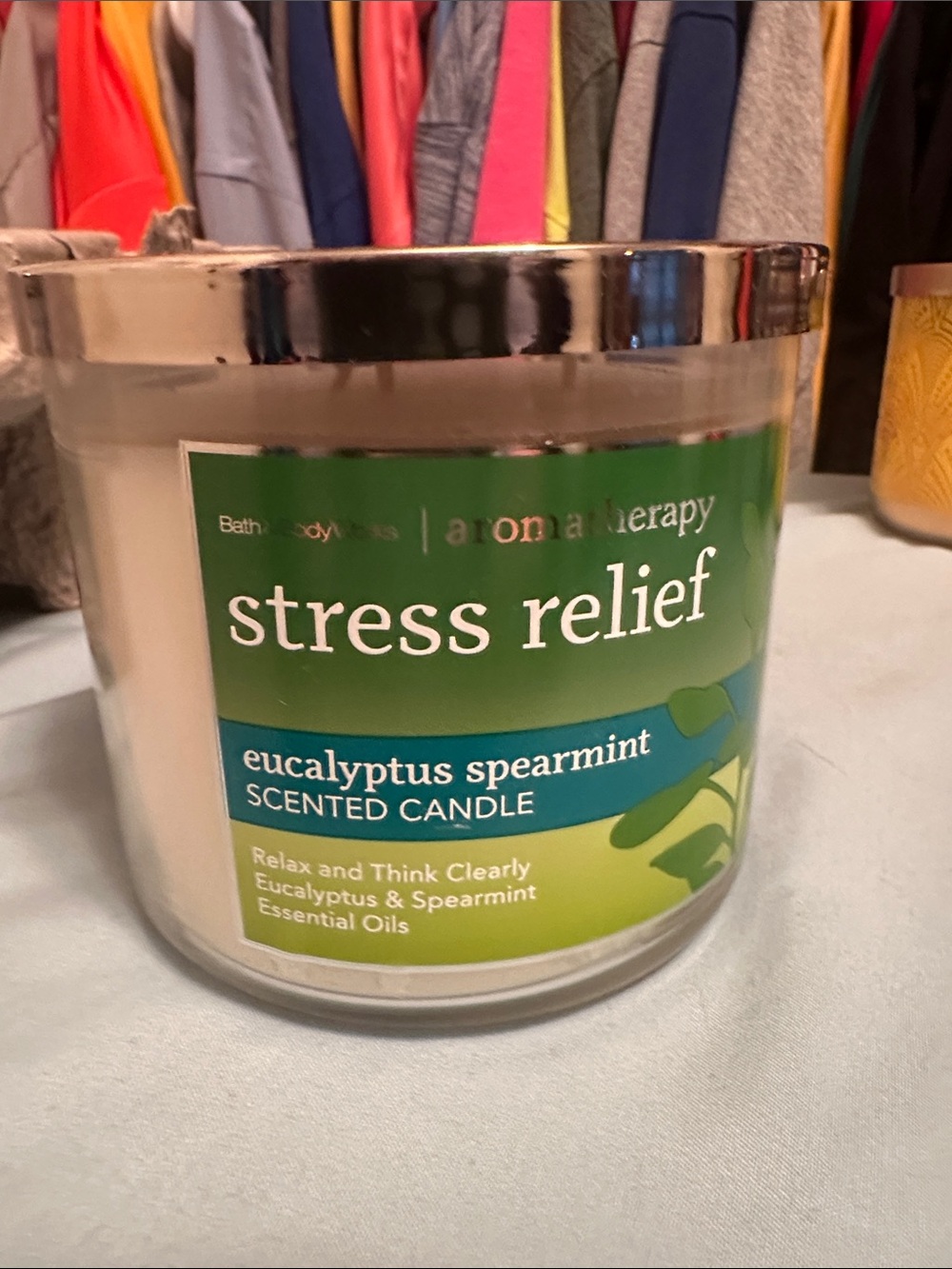 Bath & Body Works Green and Blue 'Stress Relief' Eucalyptus Spearmint Candle